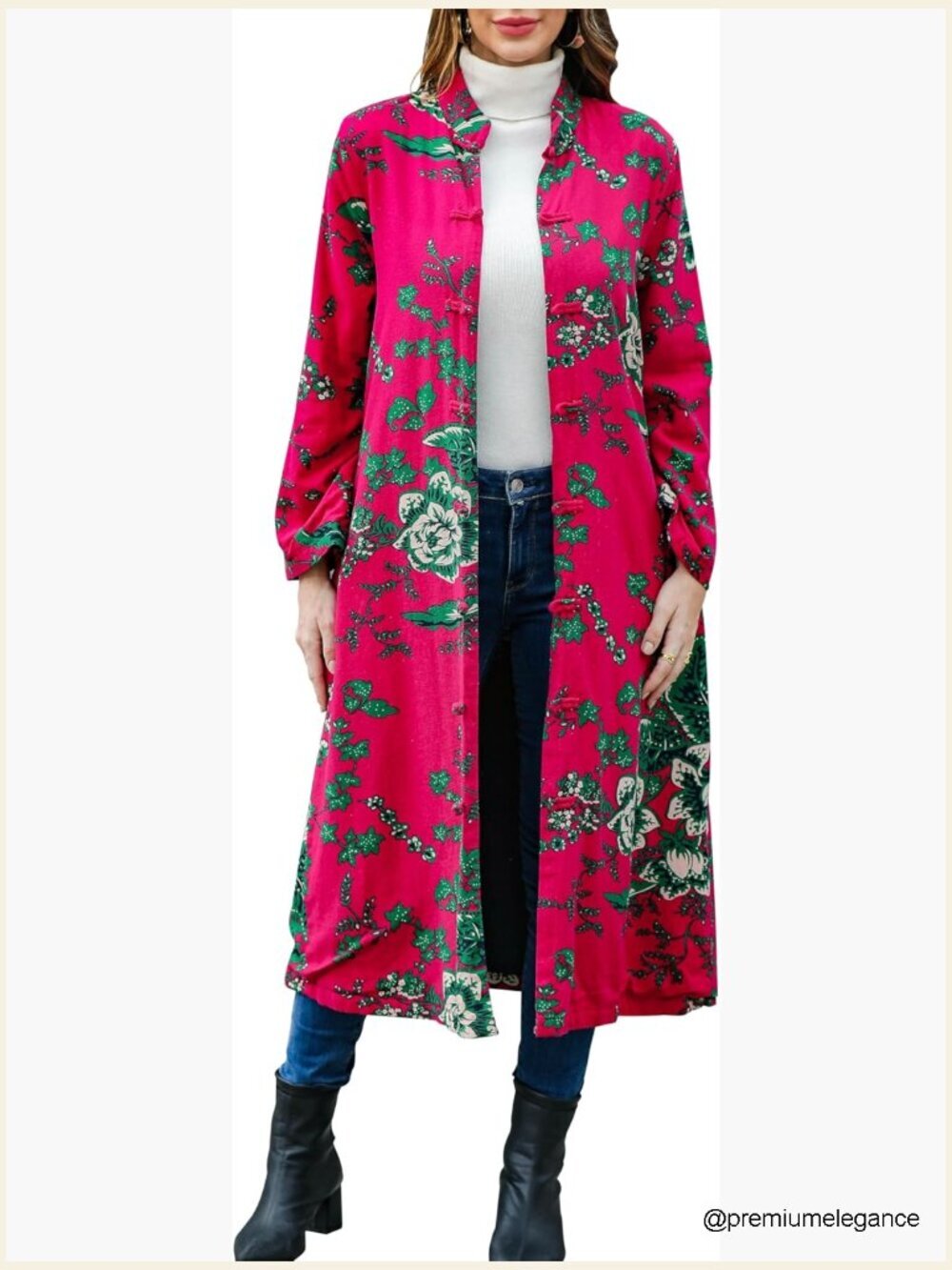 Retro Floral Trench Coat Boho Long Jacket with Pockets Linen Cotton